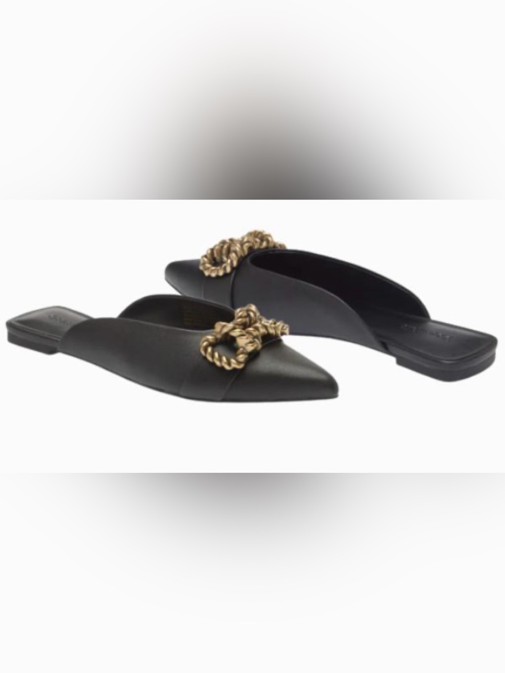 Black Pointed Leather Slip-On Flats with Gold Rope Accent